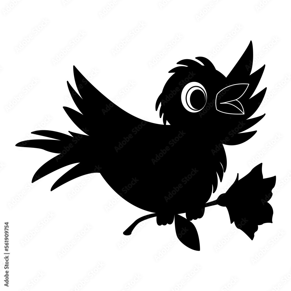 Fototapeta premium Vector icon of a sparrow with a flower. Vector black flying bird with flower