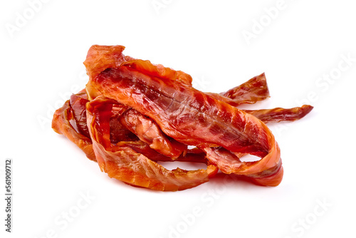 Dried Smoked Salmon Jerky, isolated on white background.