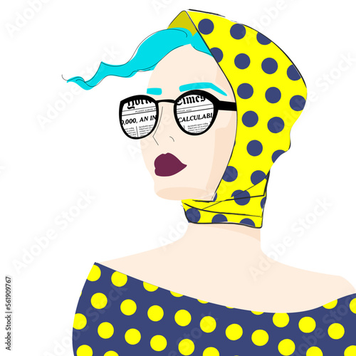 Portrait of girl with blue hair and glasses of. Vector flat illustration. newspaper clipping, bright application. Avatar for a social network. poster, stickers. isolated
