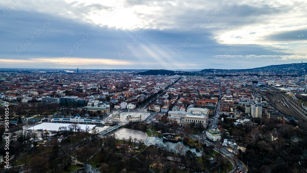 Aerial dron view, Budapest, Budapest cityscapes form Gellert Hill. Amazing sunset in the background. Included the Danube river, historical bridges, Budapest dwontown,