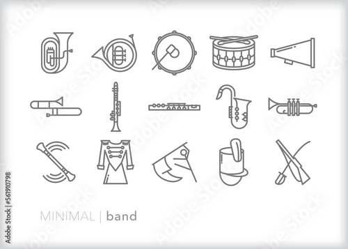 Set of band line icons of musical instruments, color guard flags and rifles, and other items for a high school or college marching band