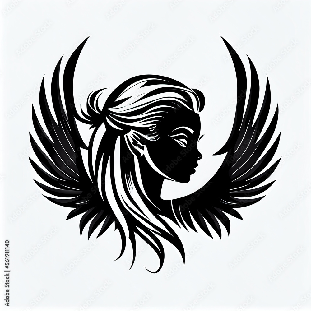 A black logo, representing a princesse face, light angel wings, jewelry, white background, simple drawing style