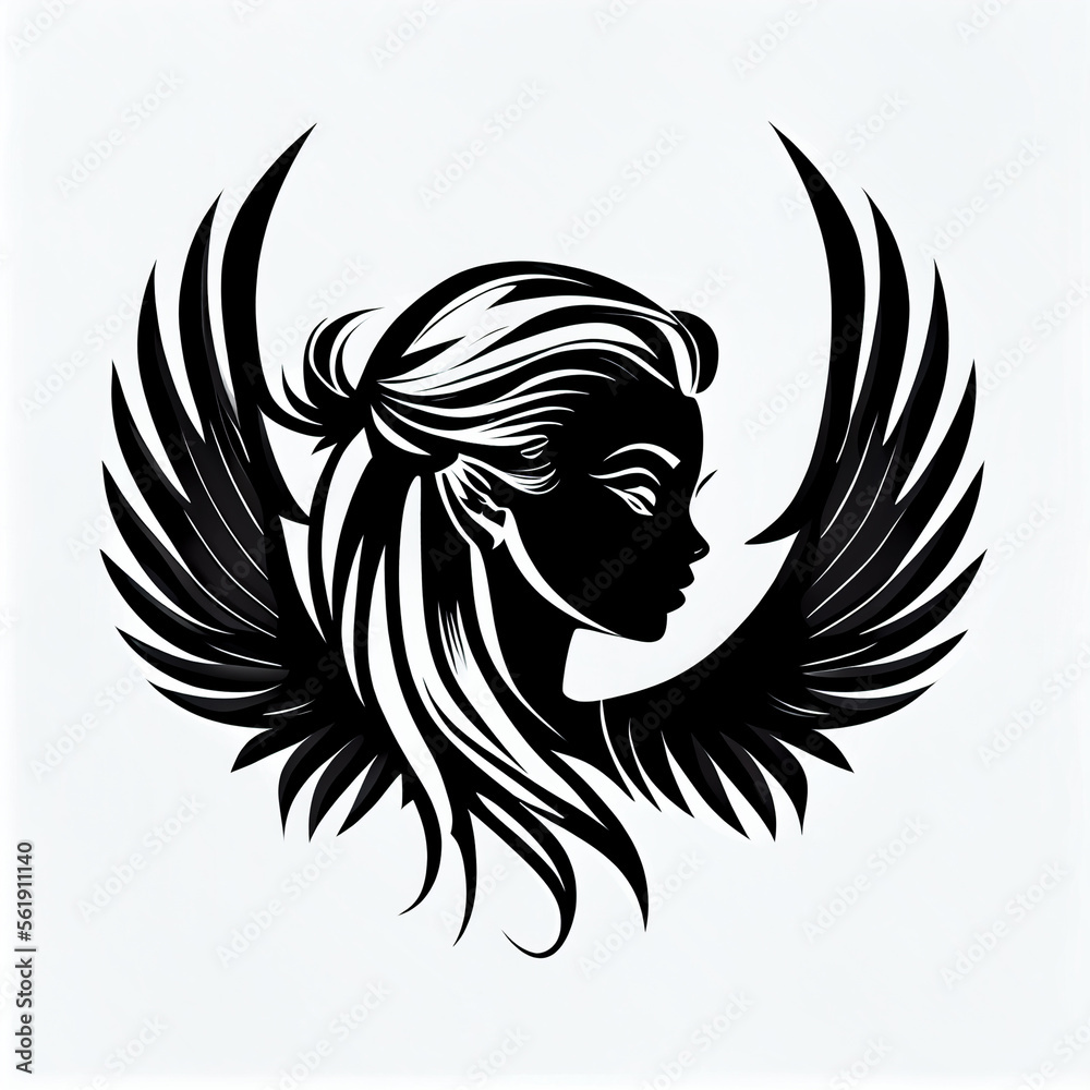 Obraz premium A black logo, representing a princesse face, light angel wings, jewelry, white background, simple drawing style