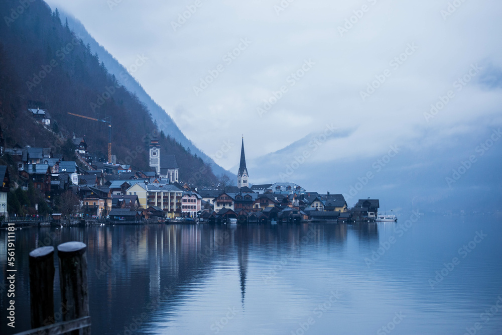 Hallstat village in the Austria. Beautiful village in the mountain valley near lake