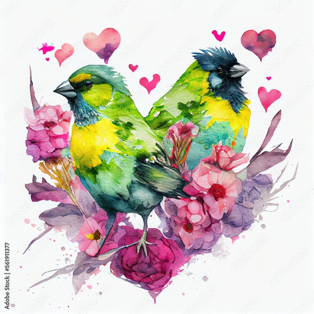 watercolor valentines siskin birds, heart, flowers AI assisted finalized in Photoshop by me 