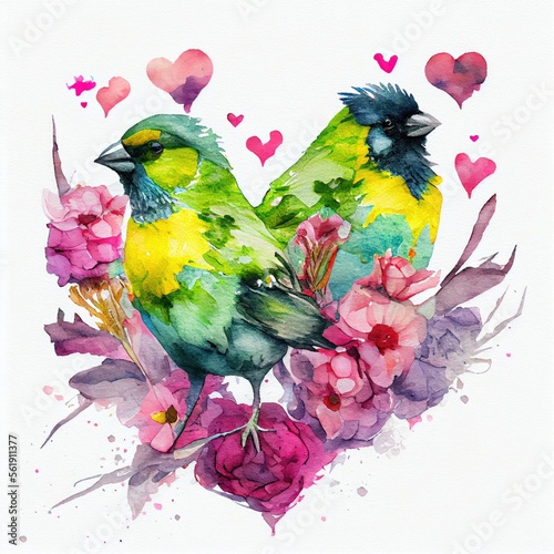watercolor valentines siskin birds  heart  flowers AI assisted finalized in Photoshop by me 