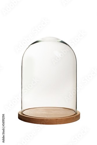 Glass dome with wooden base, protective transparent glass cover