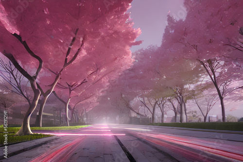 Landscape of blossoming sakura trees by the street IA