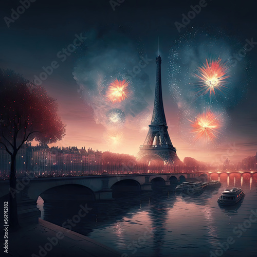 Paris (France) with fireworks during New Years's 