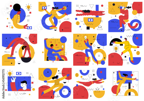 Teamwork flat vector illustrations set. Coworkers characters communication. Team building and business partnership concepts. Businessmen people and geometrical shapes cooperation, collaboration.