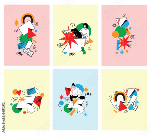 Outline characters, people in different poses and various geometric shapes and colorful abstract figures. Different mood, positions. Hand drawn vector illustration © virinaflora