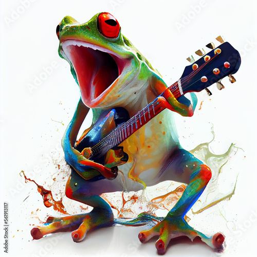 Isolated singing frog with guitar. Generative AI.