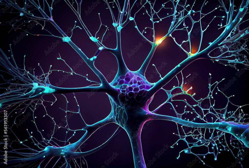 Neuron cells with light impulses, 3d illustration