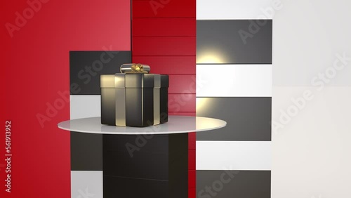 3d animation. A gift box stands on a stand or showcase in a store or room. Change of time of day, evening turns into day.