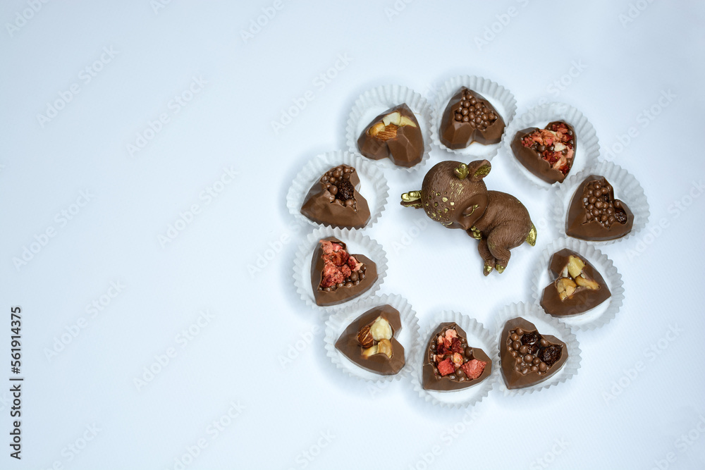 Obraz premium Chocolate cute fawn and candies with various fillings on a light background. Chocolate candies