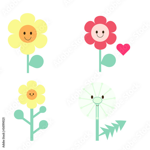 Daisy  flover set. Smiling face head.  camomile icon. Cute flower plant collection. Love card. Cartoon kawaii funny character. Growing concept. Flat design. White  background