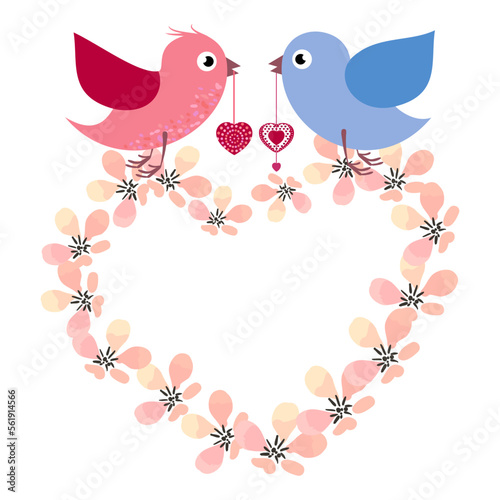 Stylized bright cartoon birds with hearts of decorative patterns in their beak, against the background of a heart of cherry flowers, a symbol of spring holidays, love, marriage, Valentine's Day