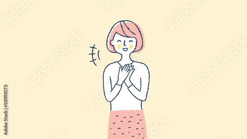 手をたたいて喜ぶ女性　上半身