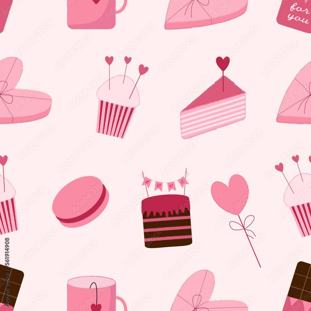 Seamless pattern with pink sweets for valentines day. Chocolate cake, cupcakes with heart, candy box, chocolate, macaron and candy on stick. Flat vector Seamless pattern with pink sweets for valentines day. Chocolate cake, cupcakes with heart, candy box, chocolate, macaron and candy on stick. Flat vector