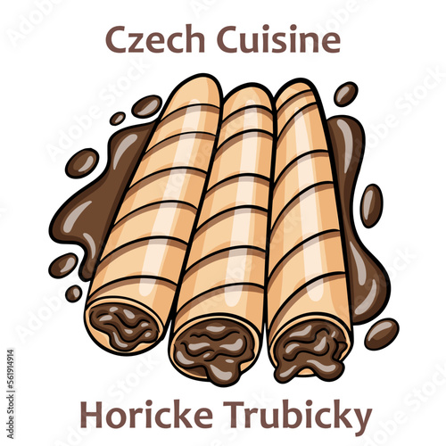 Horicke trubicky. These are made up of two twisted thin wafers filled with a creamy filling with various different flavors. Czech food. Vector image isolated.