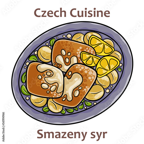Smazeny syr. It is dish of deep-fried cheese served with salad, potatoes oor fries. Typically served with tartar sauce or mayonnaise.  Czech food. Vector image isolated.