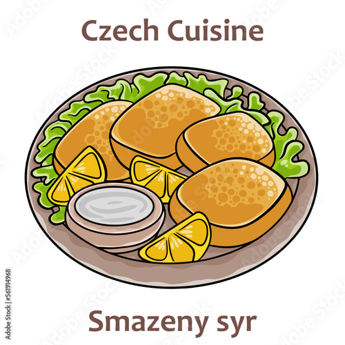 Smazeny syr. It is dish of deep-fried cheese served with salad, potatoes oor fries. Typically served with tartar sauce or mayonnaise.  Czech food. Vector image isolated.
