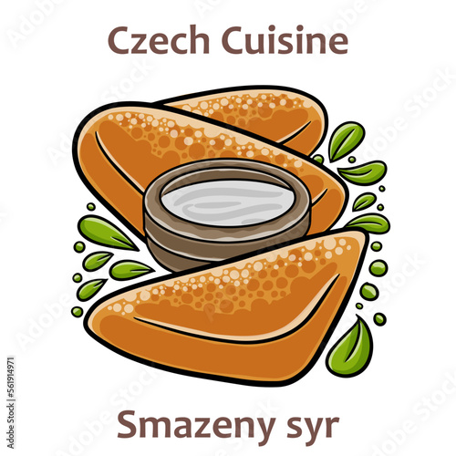 Smazeny syr. It is dish of deep-fried cheese served with salad, potatoes oor fries. Typically served with tartar sauce or mayonnaise.  Czech food. Vector image isolated.