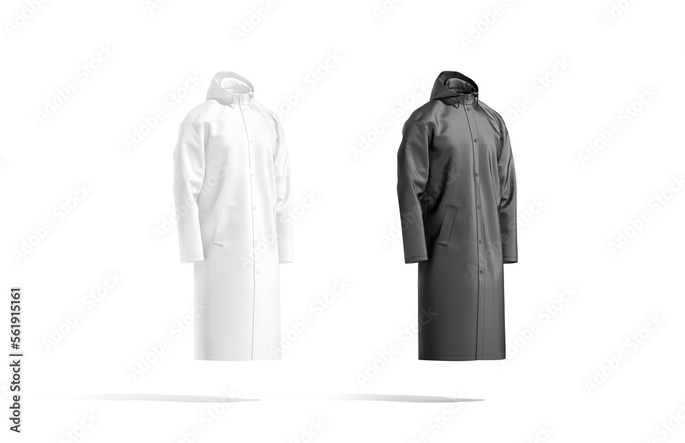 Blank black and white protective raincoat mockup, side view Blank black and white protective raincoat mockup, side view