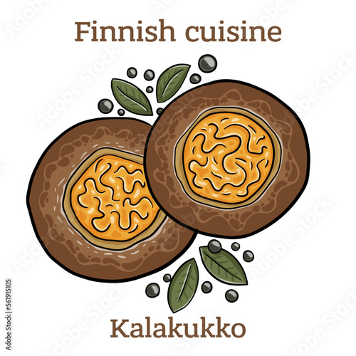 Kalakukko. Traditional food from the Finnish region of Savonia made from fish baked inside a loaf of bread..  Finnish food. Vector image isolated. photo