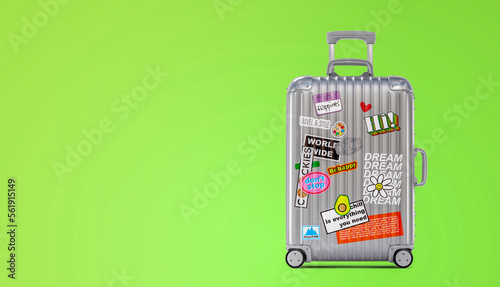 Travel bag vacation luggage with style stickers background concept.