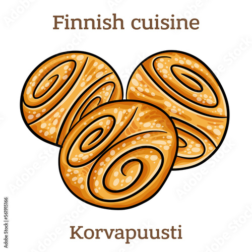 Korvapuusti. Sweet Finnish cardamom buns with brown sugar and cinnamon. Finnish food. Vector image isolated.
