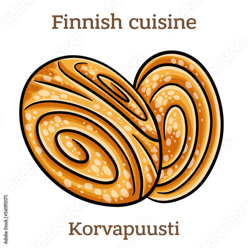 Korvapuusti. Sweet Finnish cardamom buns with brown sugar and cinnamon. Finnish food. Vector image isolated.