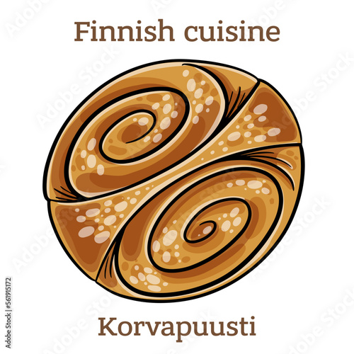 Korvapuusti. Sweet Finnish cardamom buns with brown sugar and cinnamon. Finnish food. Vector image isolated.