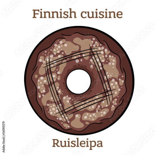 Ruisleipä. Rye hole-bread is a traditional bread from Finland. A flat rye flour loaf with a hole in the middle. Finnish food. Vector image isolated.