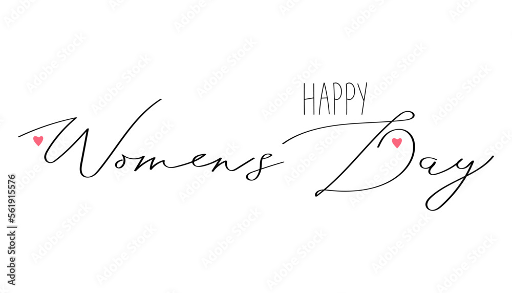 The inscription Women's Day with a decor of hearts. A hand-drawn vector phrase highlighted on a white background. Template for a poster, postcard, banner.