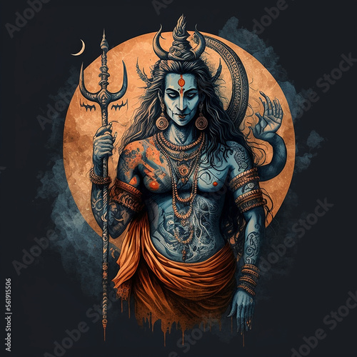 Lord Shiva Gott der Zerstörung epische Pose mit Tribuvhan für t-shirt print, poster - Religiöse hinduistische Kunst 