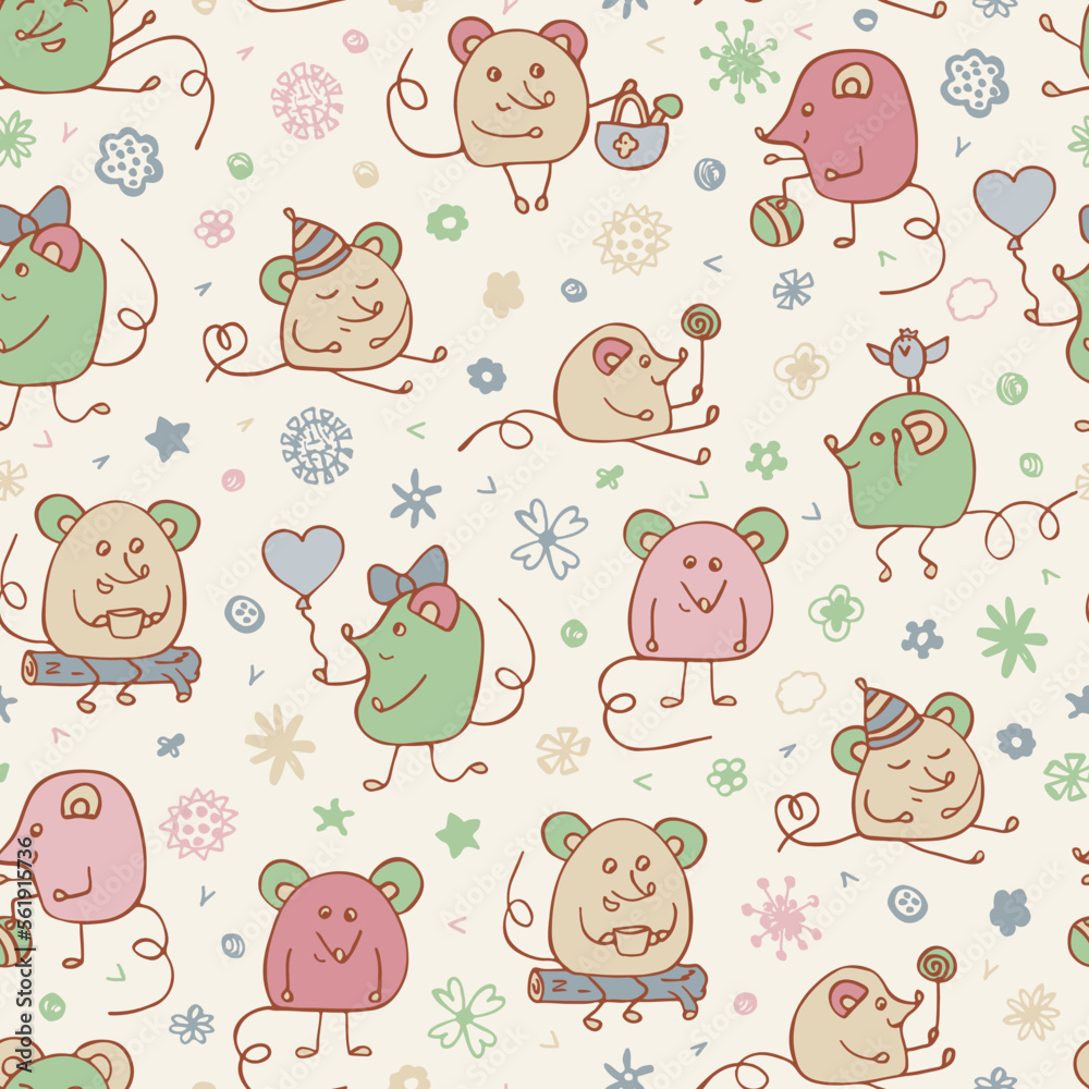 Fototapeta premium Vector Funny Mouse Seamless pattern. Hand drawn cartoon doodle Mice