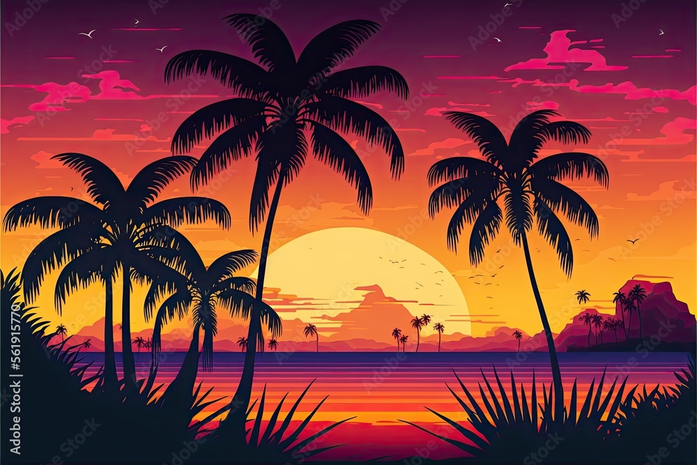 Picturesque beach landscape with tropical palm trees at sunrise minimalist vector style