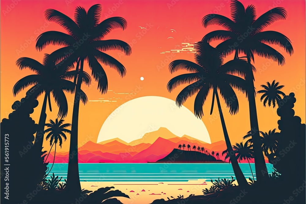 Picturesque beach landscape with tropical palm trees at sunrise minimalist vector style