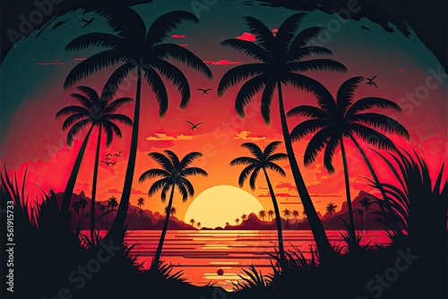 Picturesque beach landscape with tropical palm trees at sunrise minimalist vector style © Hixel
