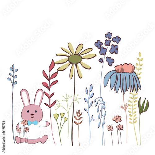 Spring flowers and Easter border design with bunny