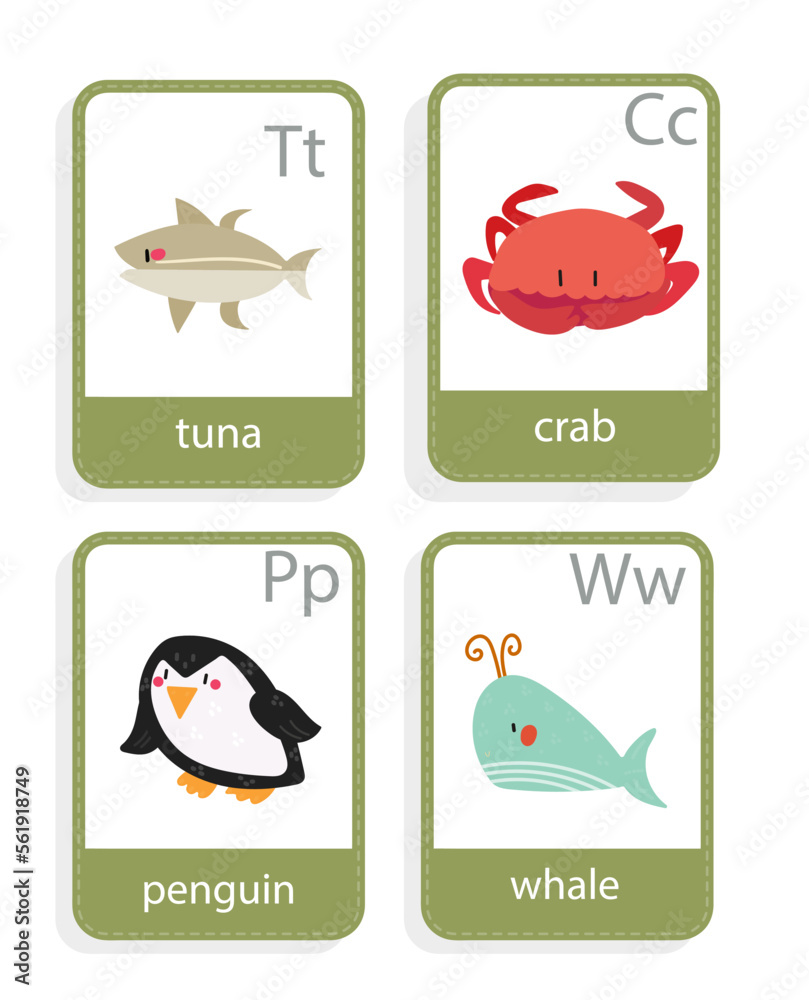 card with sea animals whale, penguin, crab, tuna,  vector set