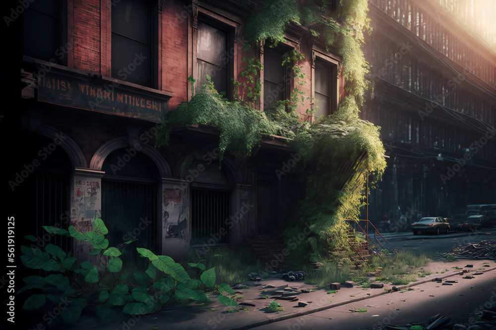 Abandoned New York City in the future. Empty roads and a dystopian atmosphere in a post-apocalyptic NYC. Abandoned New York City in the future. Empty roads and a dystopian atmosphere in a post-apocalyptic NYC.