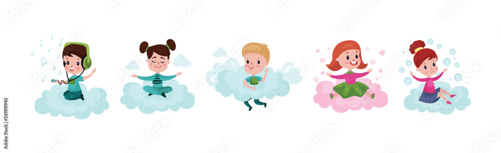 Smiling Kids Sitting on Soft Cloud and Doing Different Things Vector Illustration Set Smiling Kids Sitting on Soft Cloud and Doing Different Things Vector Illustration Set