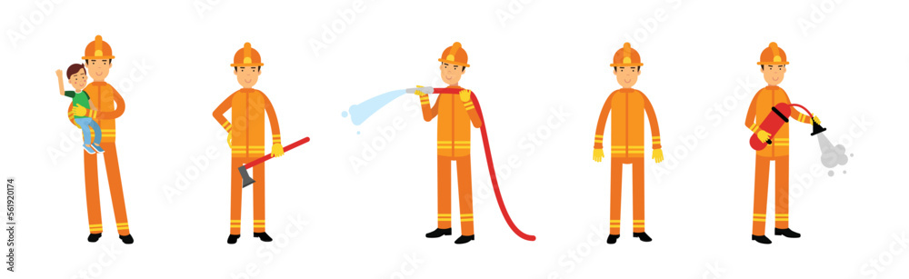Fototapeta premium Man Firefighter Character in Uniform with Hose and Axe Vector Set