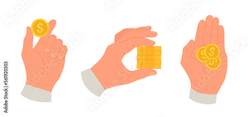 Hands with coins. Set of human hands holding gold coins. Vector illustration isolated on white background.