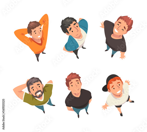 Top view of cheerful people set. View from above of male characters cartoon vector illustration