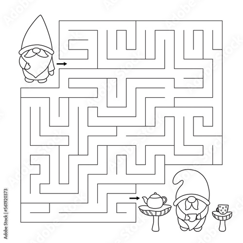 Maze game with cute gnomes. Help the gnome find right way to his friend. Tea time. Educational puzzle for children. Activity page. Coloring page with labyrinth. Vector illustration.