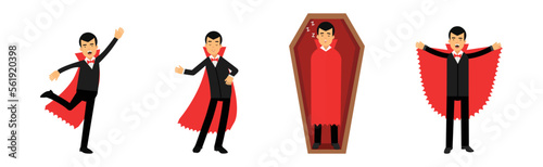 Count Dracula Character in Red Cape with Fangs Posing Vector Set