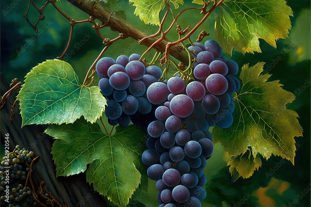 Φωτογραφία a painting of grapes hanging from a vine with leaves on it's branch and a green background with a few leaves on it's branches, and a branch with a few red berries